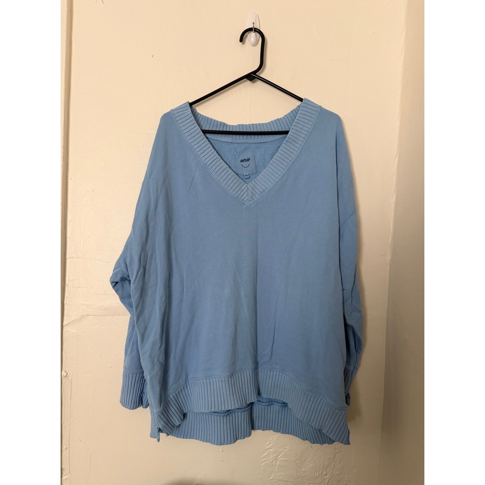 Aerie Women Blue V-Neck Oversized French Terry Sweatshirt Ribbed Trim XL